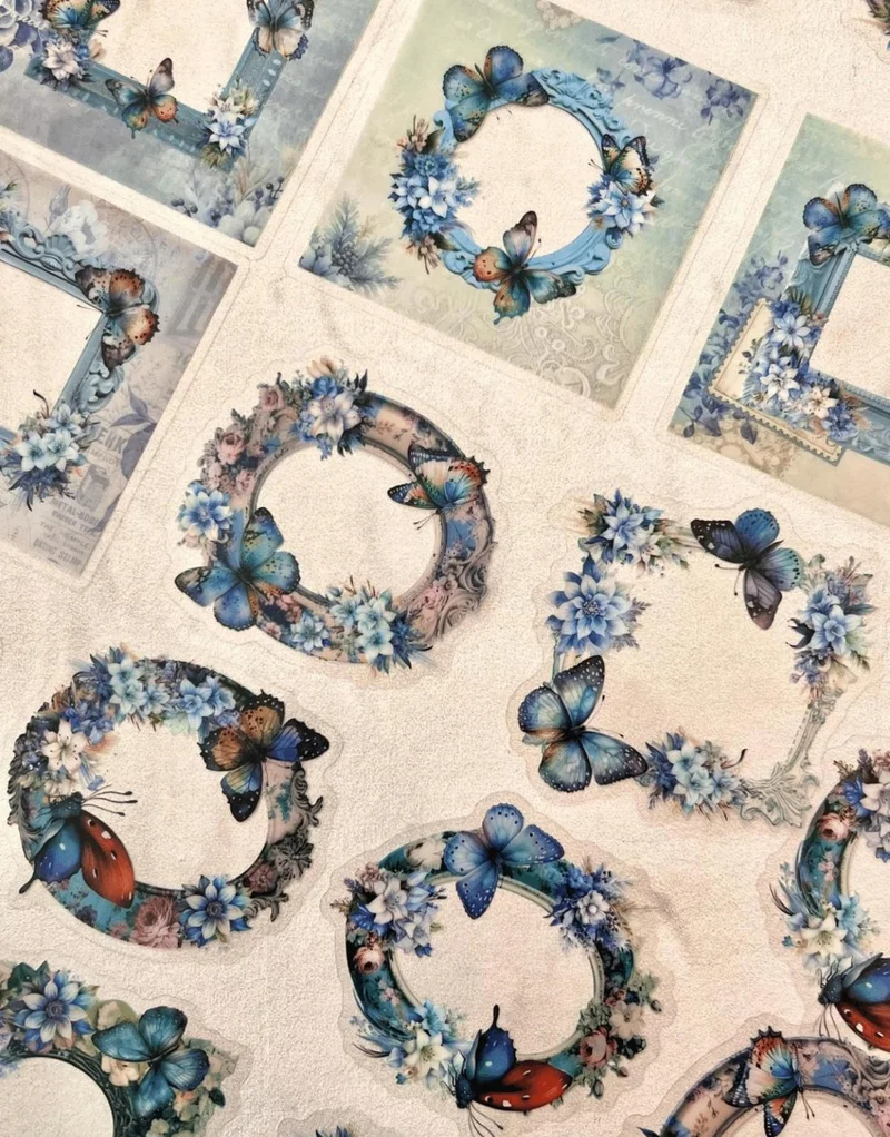كاغيت جيمي دوكان Mirror Butterfly Love Series Blue Color Flower and Butterfly Patterned Frame 30 Pieces Transparent Pet Sticker