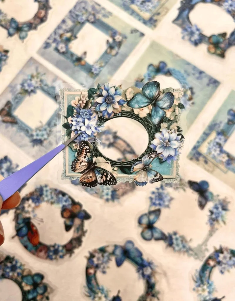 كاغيت جيمي دوكان Mirror Butterfly Love Series Blue Color Flower and Butterfly Patterned Frame 30 Pieces Transparent Pet Sticker