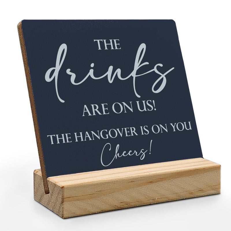 ANIANG Wedding Table Decor  Wedding Signs for Reception  Wedding Decor  Wedding Reception Decorations The Drinks are on Us Wooden Wedding Plaque Signs with Wood Stand for Wedding Open Bar Decor(Blue) - Image 1