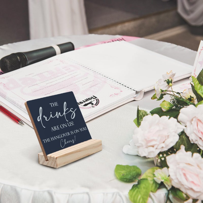 ANIANG Wedding Table Decor  Wedding Signs for Reception  Wedding Decor  Wedding Reception Decorations The Drinks are on Us Wooden Wedding Plaque Signs with Wood Stand for Wedding Open Bar Decor(Blue) - Image 2