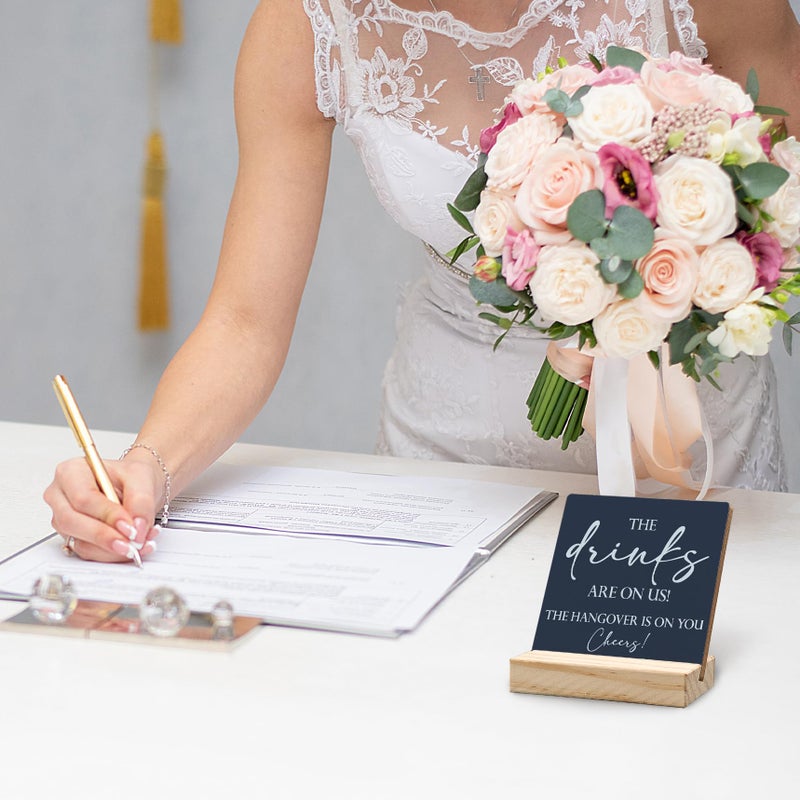 ANIANG Wedding Table Decor  Wedding Signs for Reception  Wedding Decor  Wedding Reception Decorations The Drinks are on Us Wooden Wedding Plaque Signs with Wood Stand for Wedding Open Bar Decor(Blue) - Image 3