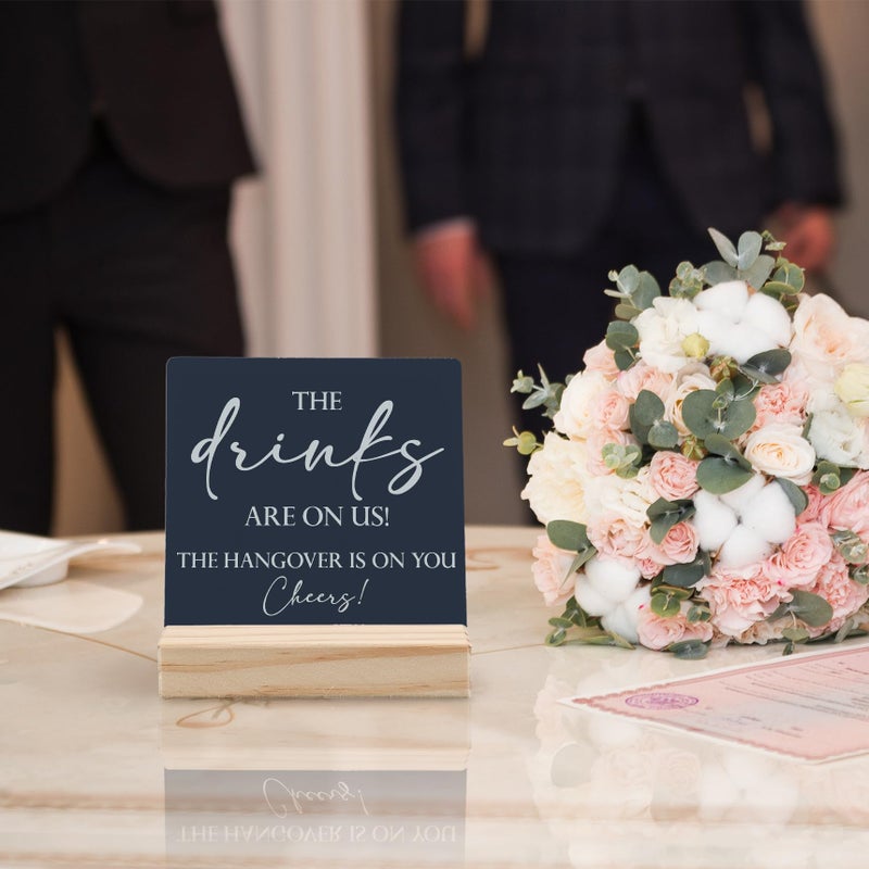 ANIANG Wedding Table Decor  Wedding Signs for Reception  Wedding Decor  Wedding Reception Decorations The Drinks are on Us Wooden Wedding Plaque Signs with Wood Stand for Wedding Open Bar Decor(Blue) - Image 4