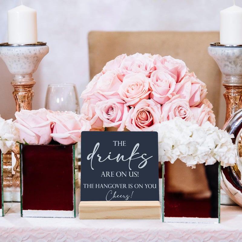 ANIANG Wedding Table Decor  Wedding Signs for Reception  Wedding Decor  Wedding Reception Decorations The Drinks are on Us Wooden Wedding Plaque Signs with Wood Stand for Wedding Open Bar Decor(Blue) - Image 5