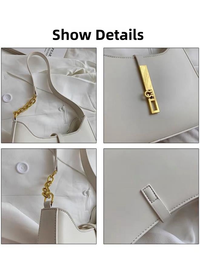 Women's Solid Color PU Leather Shoulder Bag, Ladies Large-capacity Crossbody Bag Sling Bag Side Bag Carry Bag, Daily Commuter/Banquet/Party/Campus Handbag Satchel Bag for Girls/College Students(White)  - Image 4