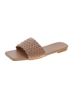 New Womens Slippers 2022 Summer One-Row Weave Lightweight Outside Wear Womens Style Casual Beach Shoes Synthetic Material Khaki