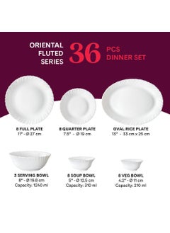 LARAH BY BOROSIL Larah by Borosil Oriental Fluted Series Opalware Dinner Set | 36 Pieces for Family of 8 | Microwave & Dishwasher Safe | Bone-Ash Free | Crockery Set for Dining & Gifting | Plates & Bowls | White  - Image 2