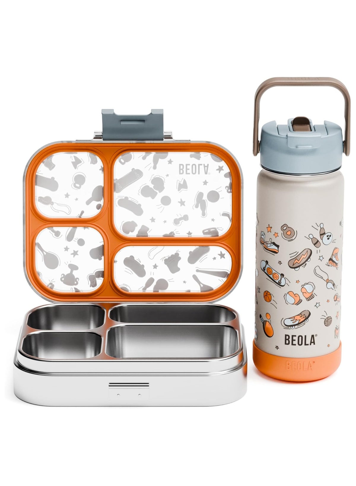269 AED BEOLA SET of 2pcs, Stainless Steel Lunch Box for Kids School, 4 Compartment Bento Box for Kids and 550ml Insulated Water Bottle with Straw Lid (Sports Day)