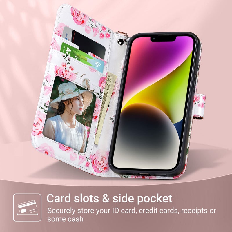 ULAK Compatible with iPhone 14 Wallet Case for Women, PU Leather Floral Flip Cover with Card Holder Kickstand Feature Protective Purse Case 6.1 Inch, Rose Gold - Image 2