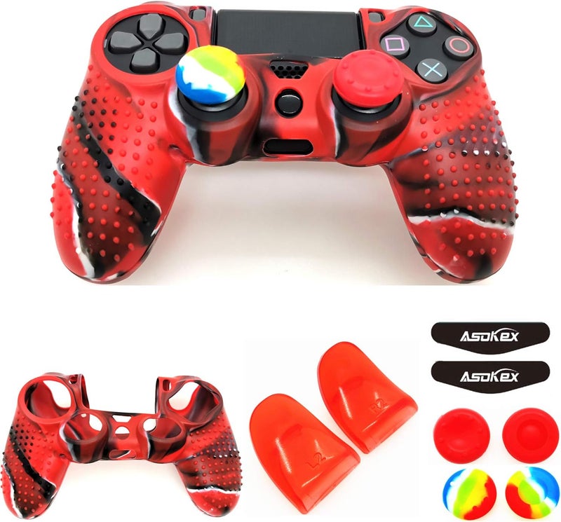 Asokex Silicone Skin Cover for Ps4 Controller (1pc Anti-Slip Case, 1 Pair L2 R2 Trigger Extender, 4pcs Thumb Grips,4pcs LED Light Bar Decal) Protector for DualShock PS4/ Slim/Pro Controller (red granular) - Image 1