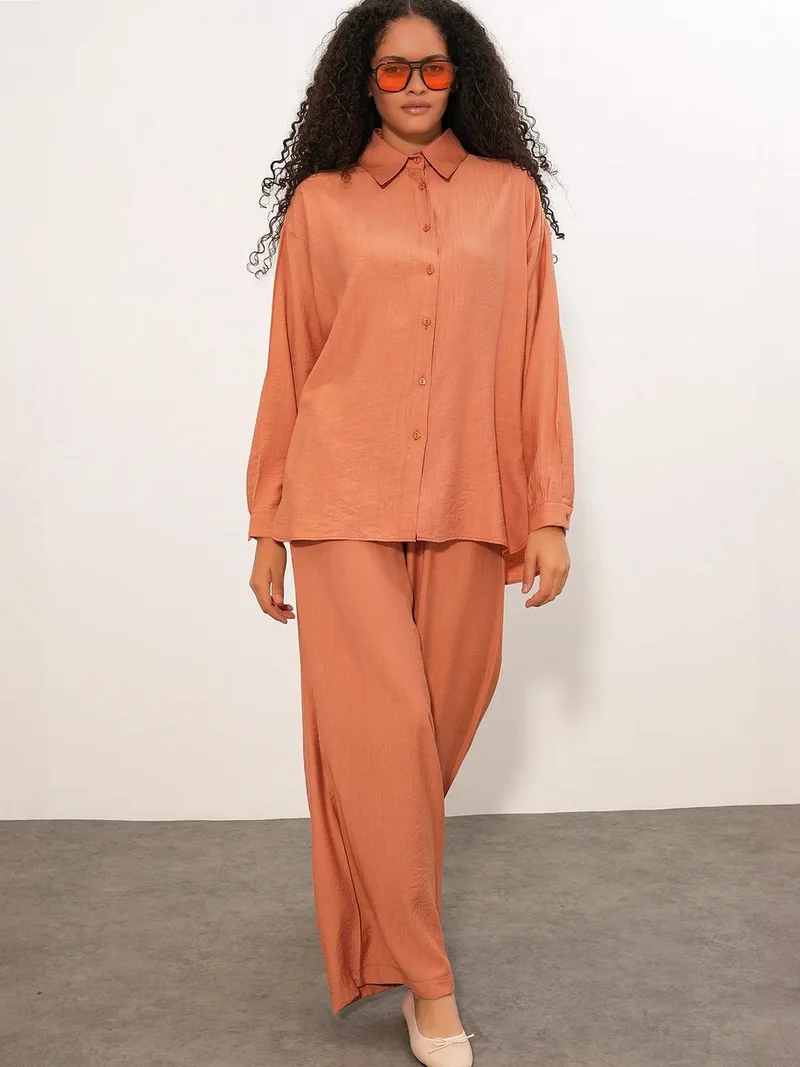 Big Dart Pale Orange BDART Textured Button-Up Long Sleeve Shirt for Women | Best Price UAE