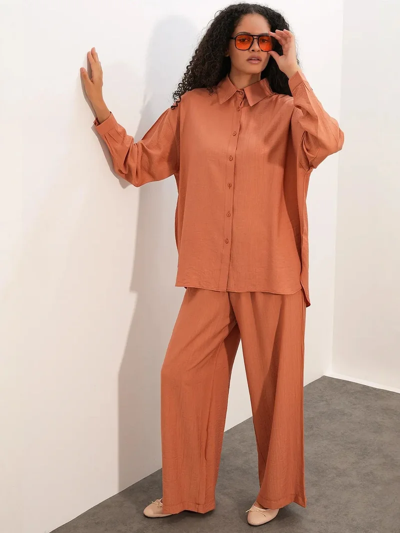 Big Dart Pale Orange BDART Textured Button-Up Long Sleeve Shirt for Women | Best Price UAE