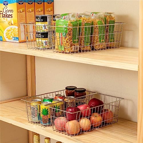SANNO Freezer Baskets for Storage Pantry Large Metal Wire Food Storage Organizer Bin Basket with Handles - for Kitchen Cabinets, Pantry, Bathroom, Laundry Room, Closets, Garage - Chrome，2 pack - Image 2
