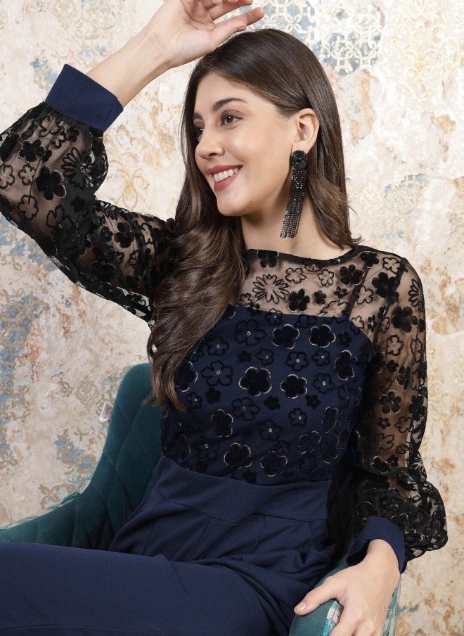 Navy Blue Embellished Basic Jumpsuit for Women