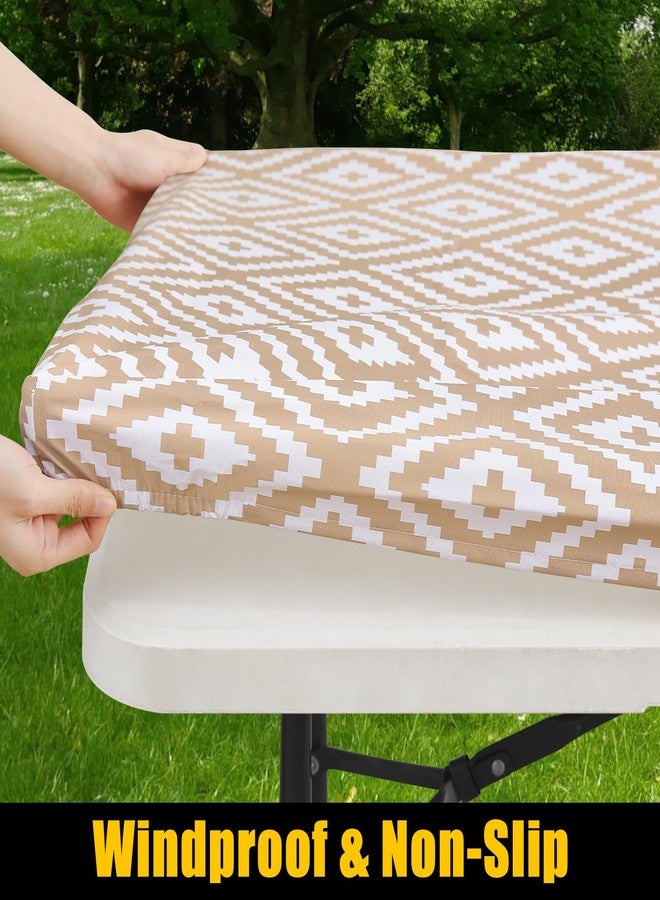 Smiry Rectangle Picnic Table Cloth, Waterproof Elastic Fitted Outdoor Tablecloths for 6 Foot Tables, Wipeable Flannel Backed Vinyl Table Cover for Camping, Dining and Indoor (30"x72", Khaki) - Image 2