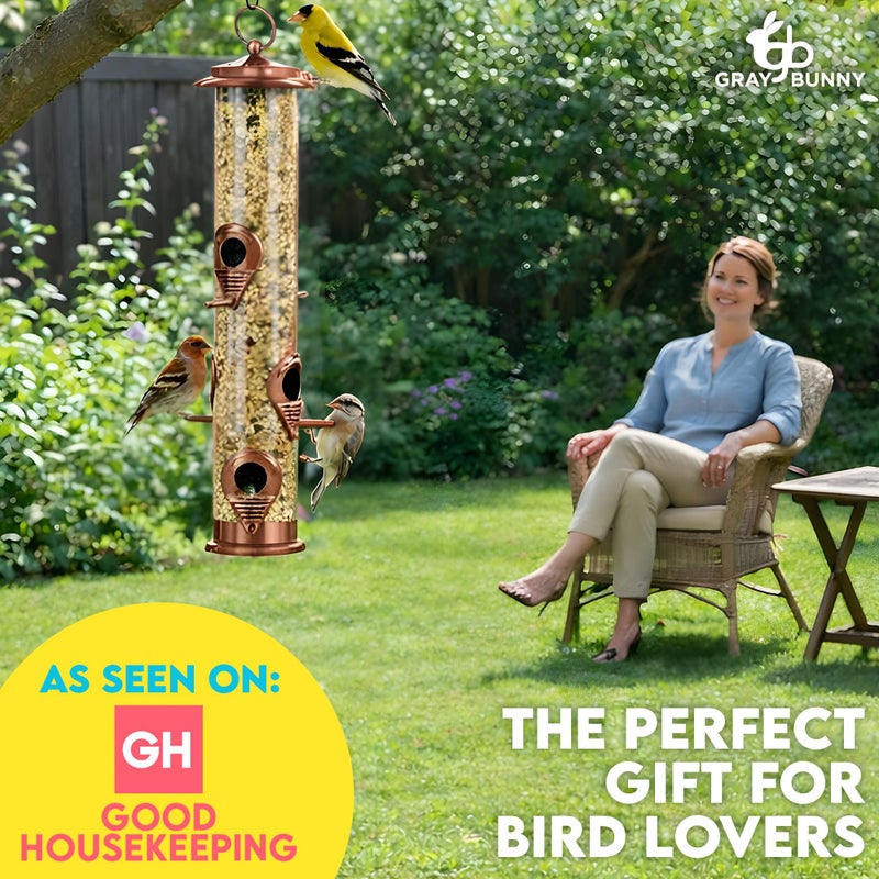 Gray Bunny Bird Feeder for Outdoors (Brushed Metal Copper) Hanging Bird Feeders with Locking Lid & Adjustable Hanger, Chew-Proof, Weather Resistant (15 Inches, 6 Port) - Image 3