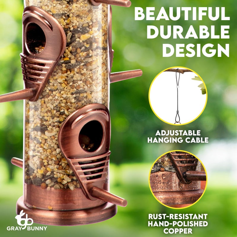 Gray Bunny Bird Feeder for Outdoors (Brushed Metal Copper) Hanging Bird Feeders with Locking Lid & Adjustable Hanger, Chew-Proof, Weather Resistant (15 Inches, 6 Port) - Image 2