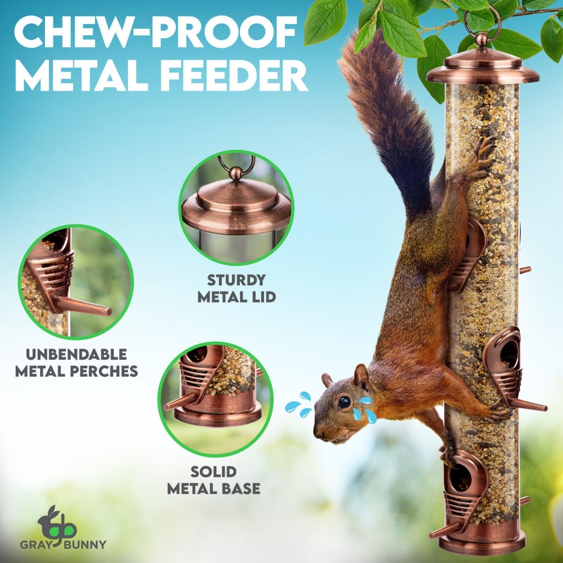 Gray Bunny Bird Feeder for Outdoors (Brushed Metal Copper) Hanging Bird Feeders with Locking Lid & Adjustable Hanger, Chew-Proof, Weather Resistant (15 Inches, 6 Port) - Image 5