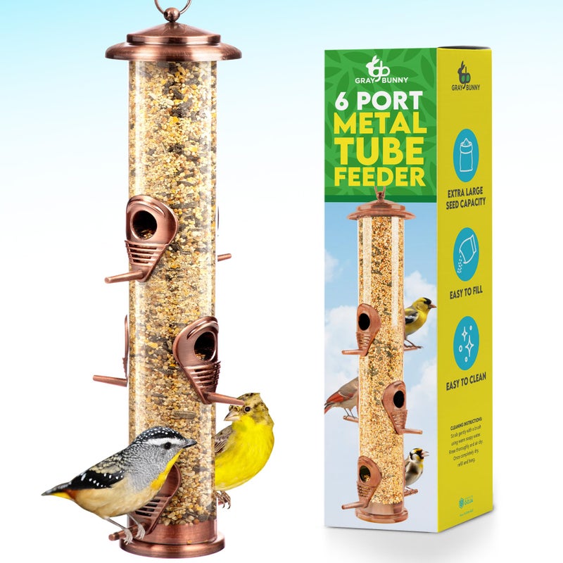 Gray Bunny Bird Feeder for Outdoors (Brushed Metal Copper) Hanging Bird Feeders with Locking Lid & Adjustable Hanger, Chew-Proof, Weather Resistant (15 Inches, 6 Port) - Image 1