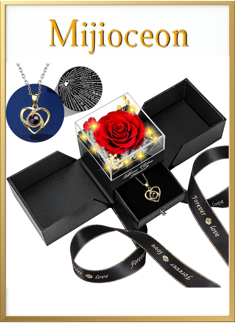 Mijioceon Preserved Red Real Rose with Heart I Love You Necklace -Eternal Flowers Rose Birthday Gifts for Women Her Mom Wife Girlfriend Grandma on Valentines Mothers Day Christmas Anniversary Romantic-Red  - Image 1