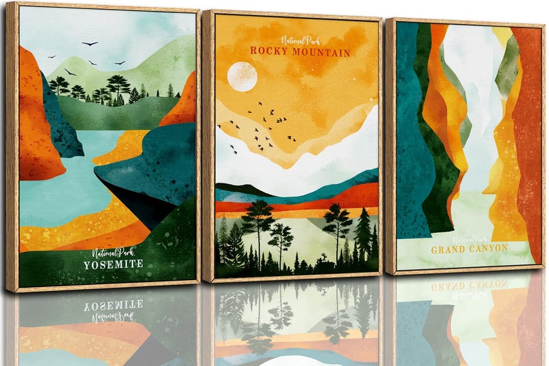CHDITB National Park Framed Canvas Wall Art Set Grand Canyon Yosemite Rocky Mountain Wall Decor Forest Lake Wall Painting Nature Landscape Art Prints for Living Room Bedroom Office  16x24x3
