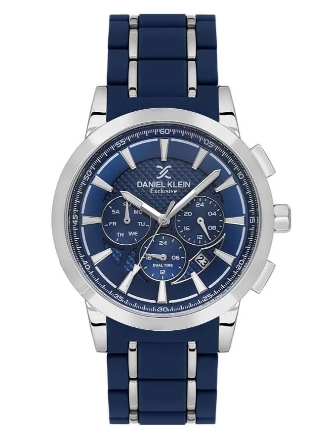 DANIEL KLEIN Men's Stainless Steel and Silicone Silver Alloy Case Analog Dark Blue Round Double Layer Dial Japanese Quartz Exclusive 50 Meters Water Resistant