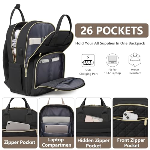 bagswan Laptop Backpack for Women Work Bag 156 inch Travel Backpack Purse with USB Charger College Bookbag Waterproof Cute Casual Daypack Fashion Business Computer Backpacks for Teacher Nurse Black - Image 3