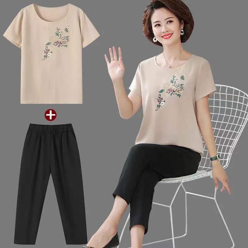 Middle-Aged Mother Summer Suit Two-Piece Set Style Foreign Style Age-Reducing Middle-Aged And Elderly Short-Sleeved T-Shirt For Women 40 And 50 - Image 2