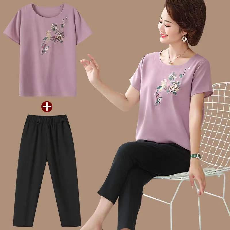 Middle-Aged Mother Summer Suit Two-Piece Set Style Foreign Style Age-Reducing Middle-Aged And Elderly Short-Sleeved T-Shirt For Women 40 And 50 - Image 4
