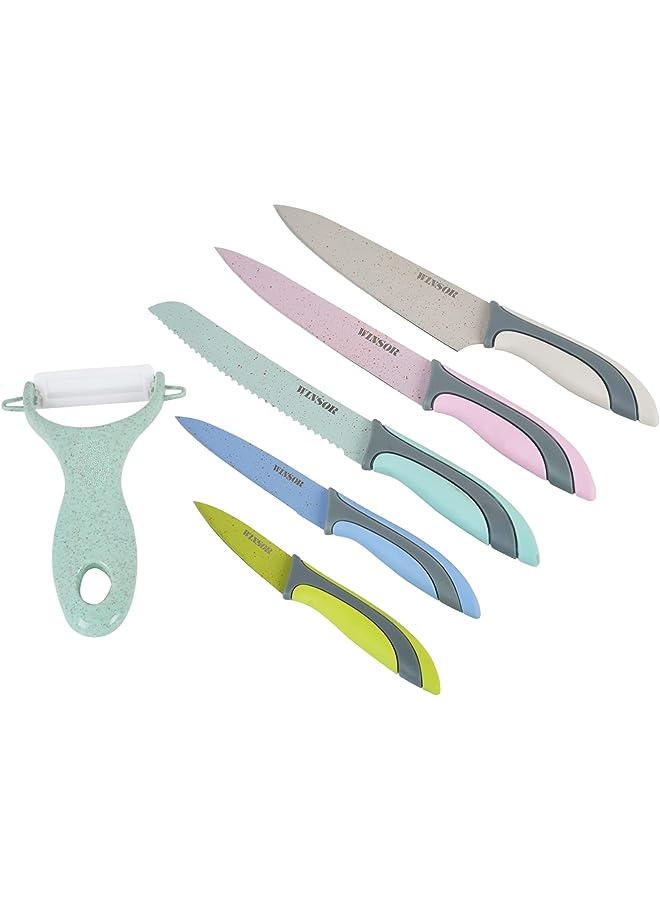 Winsor طقم سكاكين مكون من 6 قطع | مقشرة سيراميك و 5 سكاكين - سكين شيف، سكين خبز، سكين تقطيع، سكين متعددة الاستخدامات، سكين تقشير | شفرات حادة من الفولاذ المقاوم للصدأ | شفرات مطلية غير لاصقة - WR6092 - متعدد الألوان - Image 1