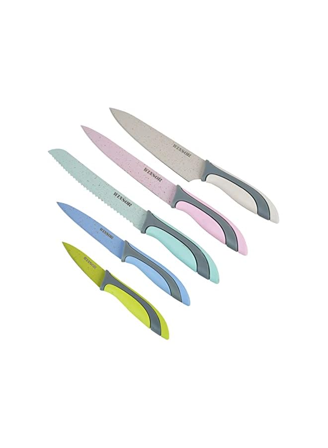 Winsor طقم سكاكين مكون من 6 قطع | مقشرة سيراميك و 5 سكاكين - سكين شيف، سكين خبز، سكين تقطيع، سكين متعددة الاستخدامات، سكين تقشير | شفرات حادة من الفولاذ المقاوم للصدأ | شفرات مطلية غير لاصقة - WR6092 - متعدد الألوان - Image 4