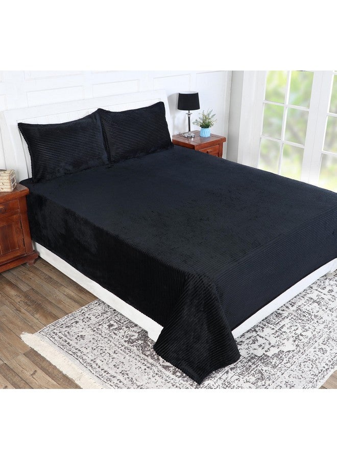 RD TREND 190 GSM Flannel Warm Bedsheets for Winter Double Flat Size (90 x 100 Inches) with 2 Pillow Cover Size (18x28 Inches) Color-Black, Striped - Image 1