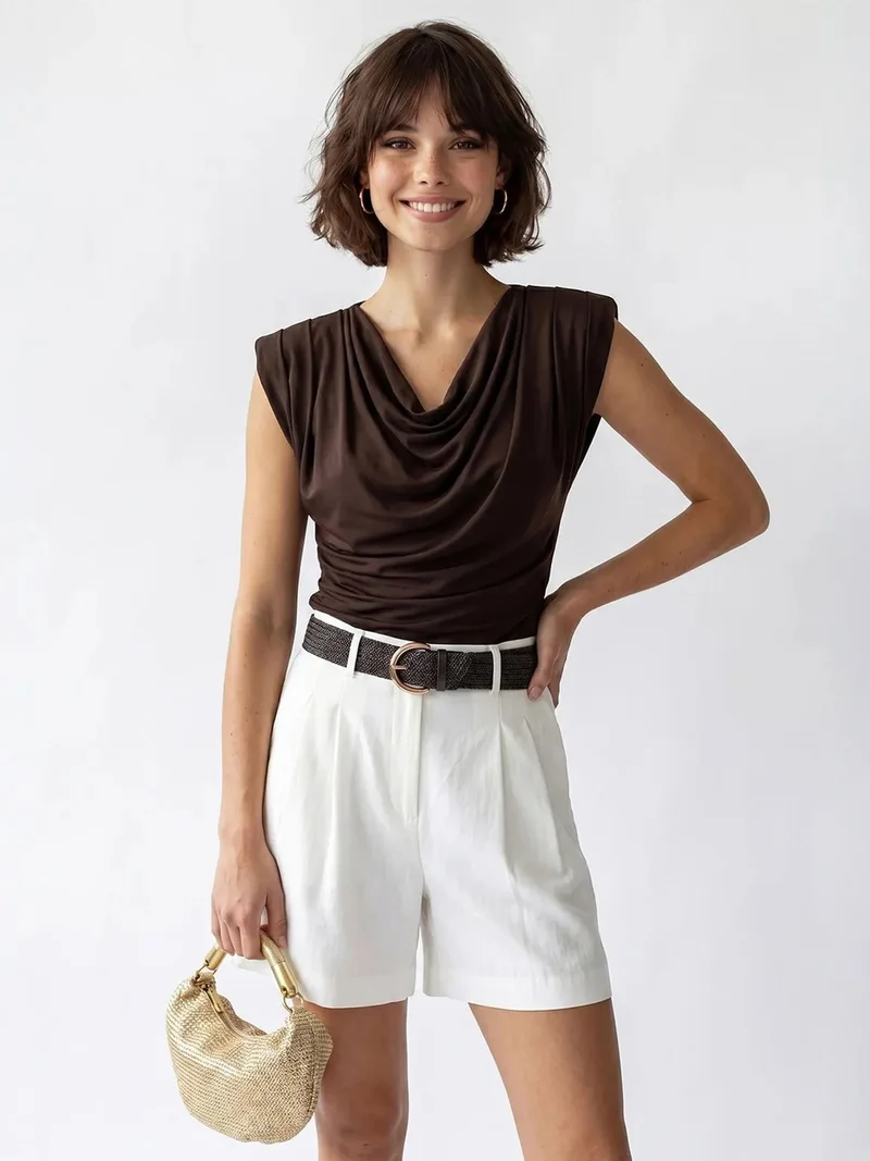 Mixray Coffee Brown MIXRAY Sleeveless Cowl Neck Blouse for Women | Best Price UAE