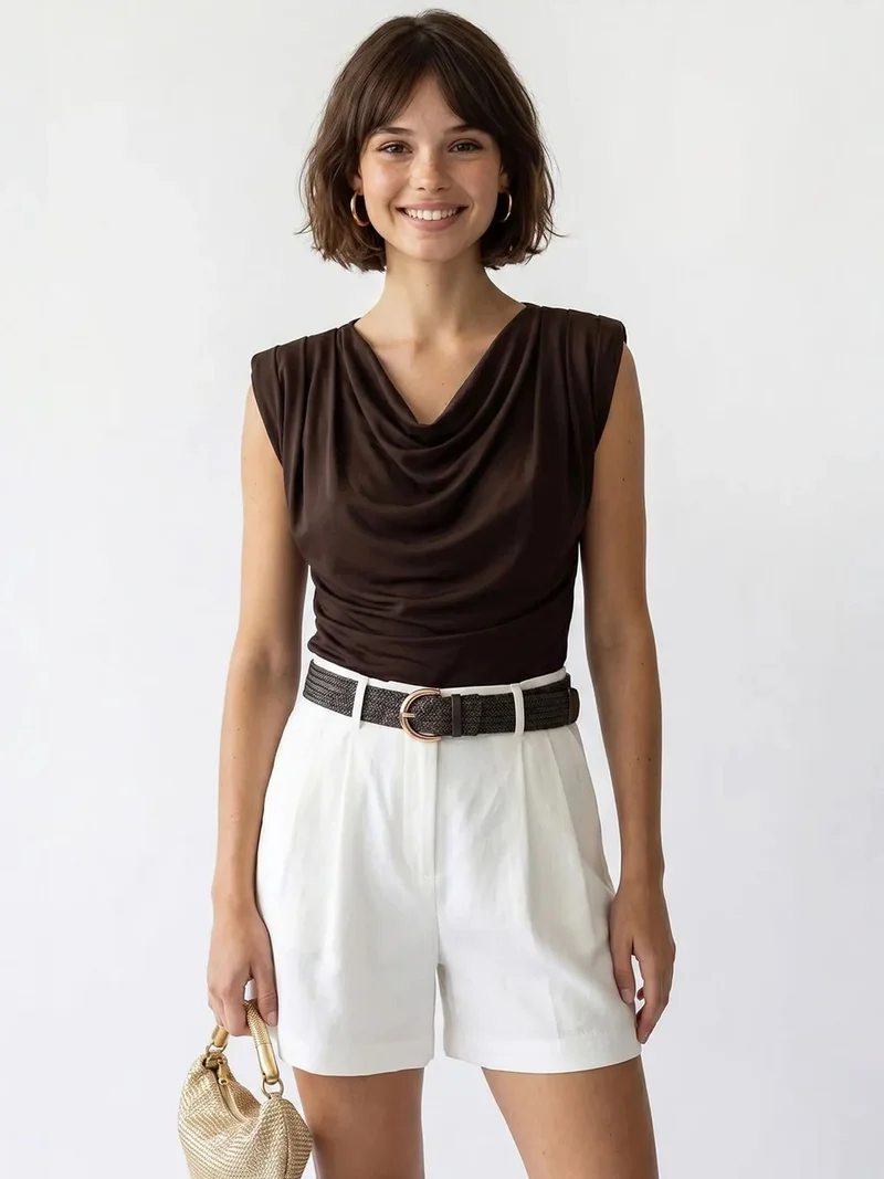 Mixray Coffee Brown MIXRAY Sleeveless Cowl Neck Blouse for Women | Best Price UAE