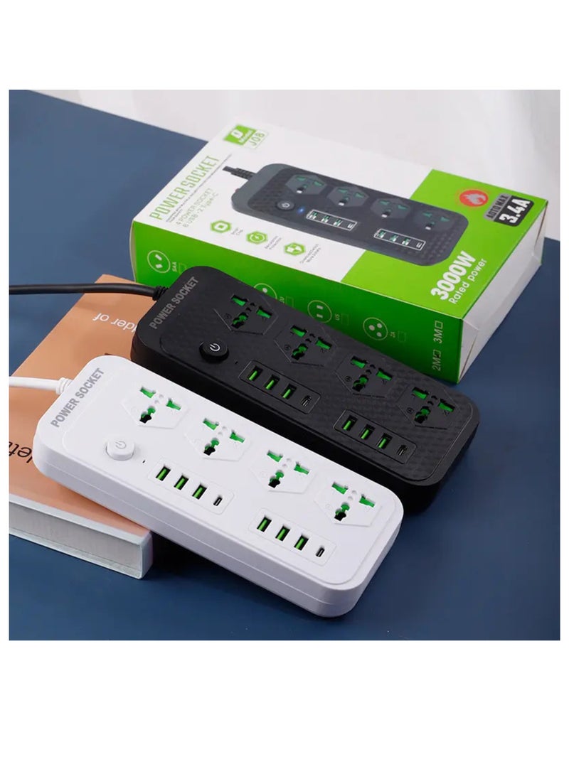 ماركة غير محددة وصلة توصيل متعددة المقابس عالمية | شريط طاقة بأربعة منافذ مع 6 منافذ USB و2 منافذ PD، وواقي من التيار الزائد، وكابل طاقة بطول3 متر - شاحن حائط ومحطة شحن | أسود  - Image 3