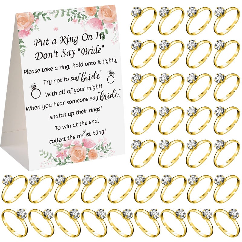 Woanger Put a Ring on It Bridal Shower Game with 50 Fake Rings Rustic Greenery Theme Wedding Shower Games Wedding and Engagement Rings and Not Say Bride Rules CardsBright FlowersGold