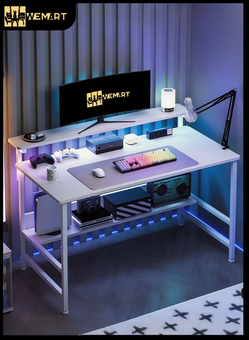 WEMART gaming table,Computer Table,Gaming Desk,Office Desk Home Desk Student Writing Study Table Study Desk with 3-position Height-Adjustable Monitor Stand,Versatile office 140*65 (White) - Image 1