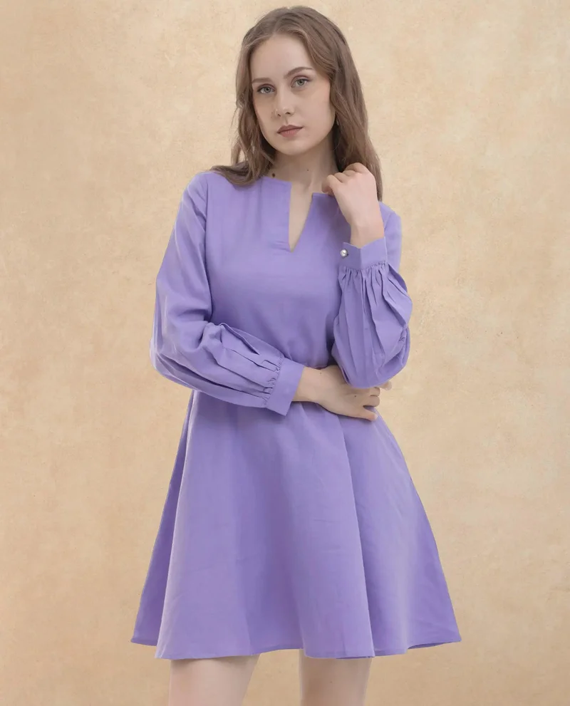 Rareism Rareism Women Choho Pastel Purple Cotton Fabric Regular Sleeves V-Neck Solid Regular Length Dress