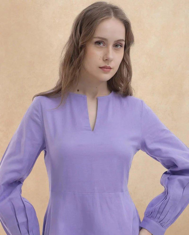 Rareism Rareism Women Choho Pastel Purple Cotton Fabric Regular Sleeves V-Neck Solid Regular Length Dress