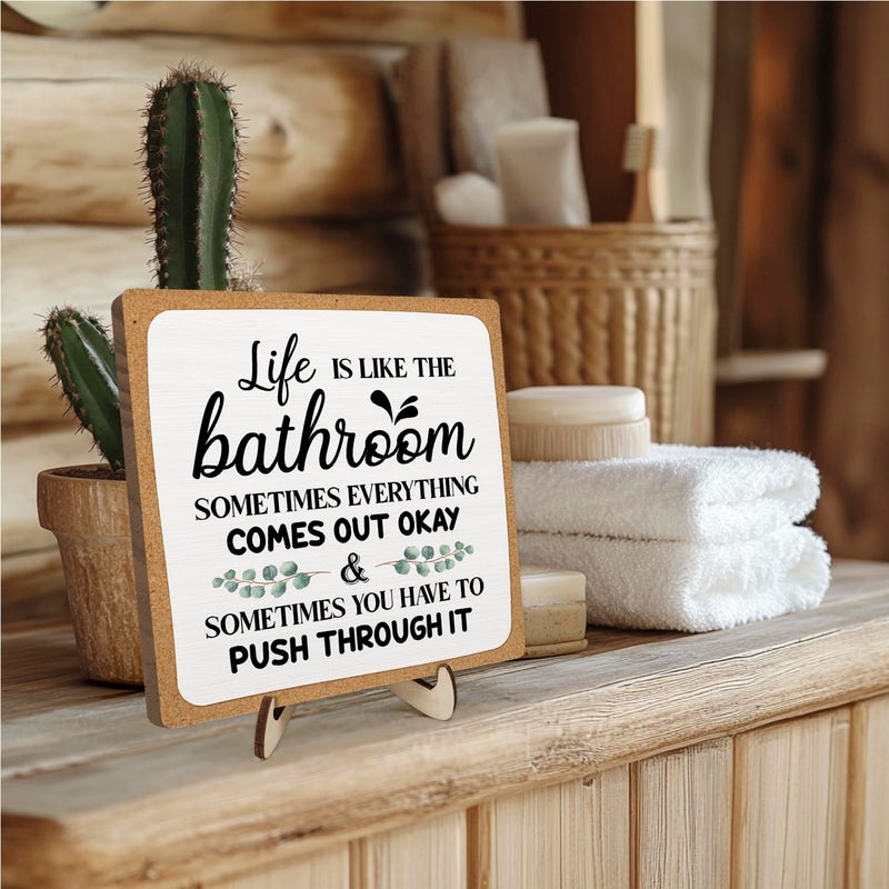 DMADNF Bathroom Decor, Vintage Bathroom Wood Plaque Sign, Life is Like The Bathroom Sign Desk Decor, Farmhouse Decor for Shelf Bathroom Toilet Home Decor 5.9x5.9 Inch (White-1) - Image 3