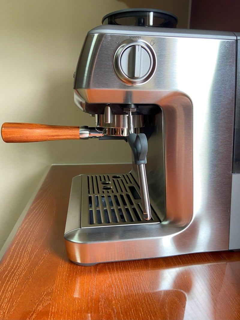 Joytata 54mm Bottomless Portafilter Fits Breville Barista Espresso Machine Stainless Steel Naked Portafilter Along with Double Shot Filter Basket Coffee Bottomless Handle-Wooden - Image 2