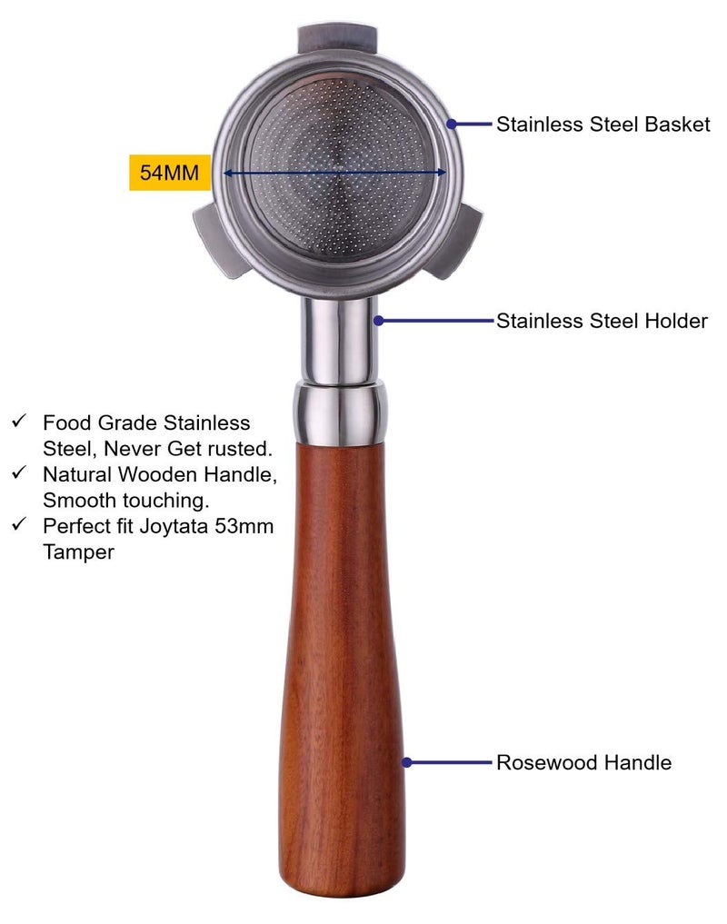 Joytata 54mm Bottomless Portafilter Fits Breville Barista Espresso Machine Stainless Steel Naked Portafilter Along with Double Shot Filter Basket Coffee Bottomless Handle-Wooden - Image 5