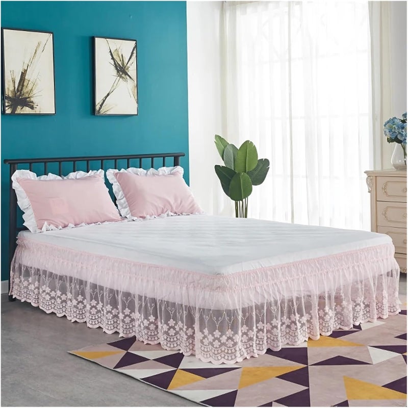 Pretty Design 18 Inch Drop Delicate Ruffles Floret Lace Bed Skirt with Strong Elastic Belts-Women/Lady/Girls Love(Pink,180 x 200x 45cm) - Image 1