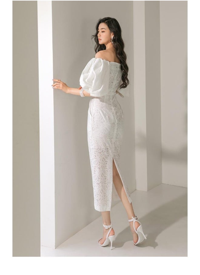 Madam Uniq Unique Elegant Off-Shoulder Lantern Sleeve Cinched Waist Maxi Dress  - Image 2