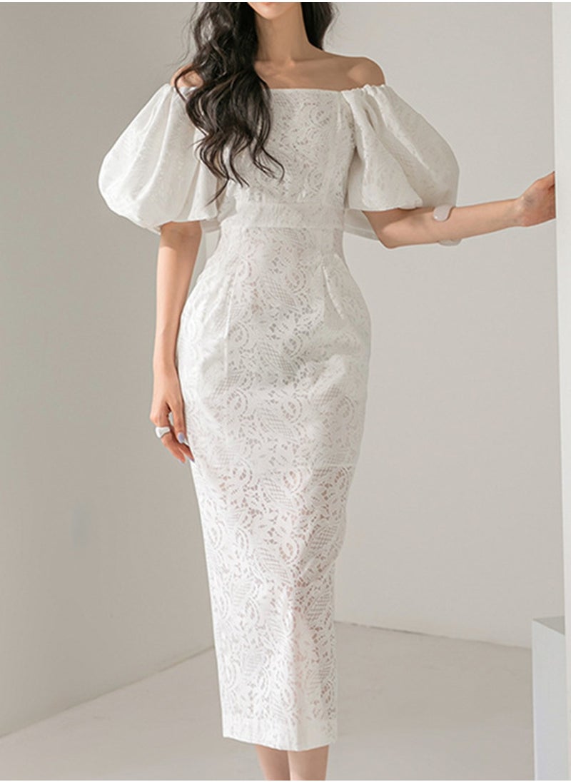 Madam Uniq Unique Elegant Off-Shoulder Lantern Sleeve Cinched Waist Maxi Dress  - Image 1