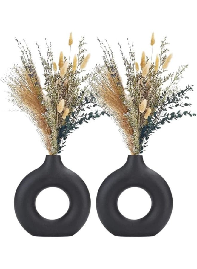 Ceramic Shop Black Ring Vase | Flower Vase | Pampas Grass Vase | Ceramic Vase | Round Shaped Vase | Home Decor Centrepiece | Decor Showpiece Donut Vase - (Set Of 2) 6 And 6 Inches 