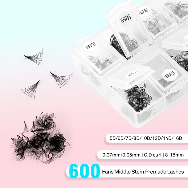 VAVALASH 600 Fans Premade Fans Eyelash Extensions 5D 6D 7D 8D 10D 12D 14D 16D 24D Premade Lash Fans 8-15mm Mixed Length Promade Loose Fans Thin Base Premade Volume Lash Extension(12D-0.05-D-8-15mm) - Image 3