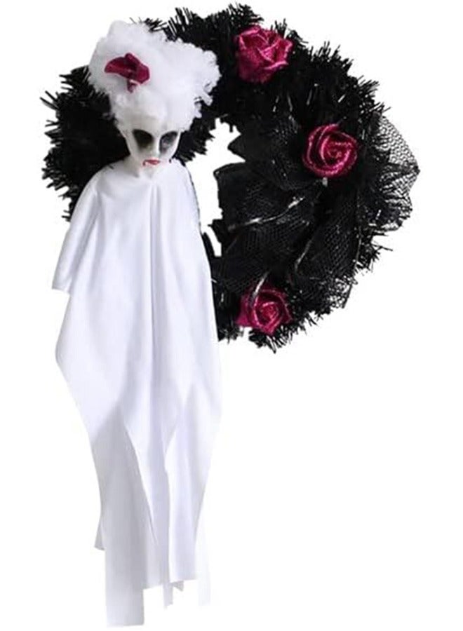 Halloween Door Wreath Of Horror Roses Hanging On The White Black Ghost Gate Halloween Decorations - Image 1
