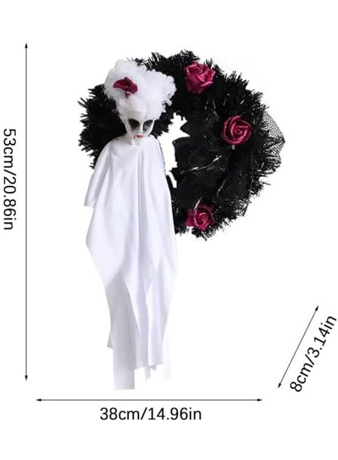 Halloween Door Wreath Of Horror Roses Hanging On The White Black Ghost Gate Halloween Decorations - Image 2