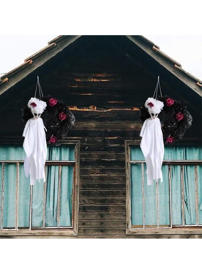 Halloween Door Wreath Of Horror Roses Hanging On The White Black Ghost Gate Halloween Decorations - Image 3