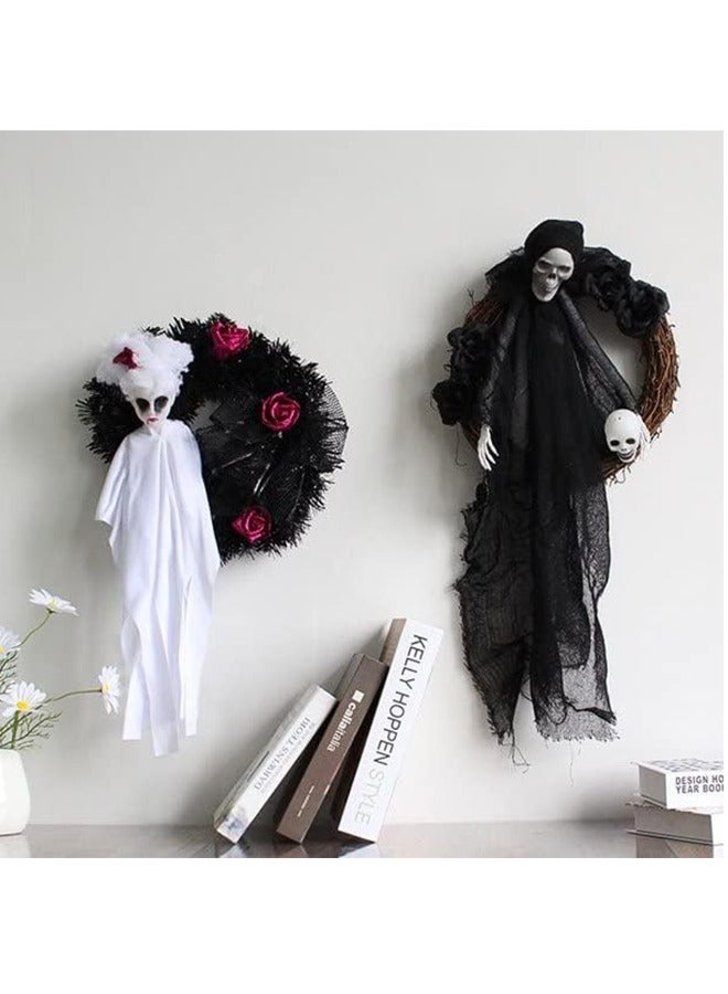Halloween Door Wreath Of Horror Roses Hanging On The White Black Ghost Gate Halloween Decorations - Image 4